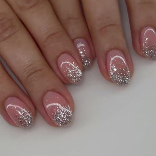 Caiguoer Lot de 24 faux ongles courts dégradés à paillettes pour femmes et filles (C)