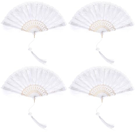 sourcing map Feather Hand Fan White Vintage Folding Fan with Tassels Feather Fan Handheld 43x23cm for Halloween Party Wedding Dancing Decoration,4 Pcs