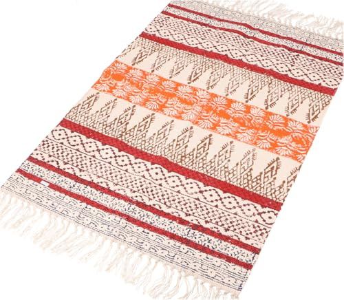 Handgewebter Blockdruck Teppich, indischer Baumwollteppich, rot/orange | 100% Baumwolle, handgewebt, einzigartige Blockdrucktechnik, ideal für jeden Einrichtungsstil, Maße 160x95 cm