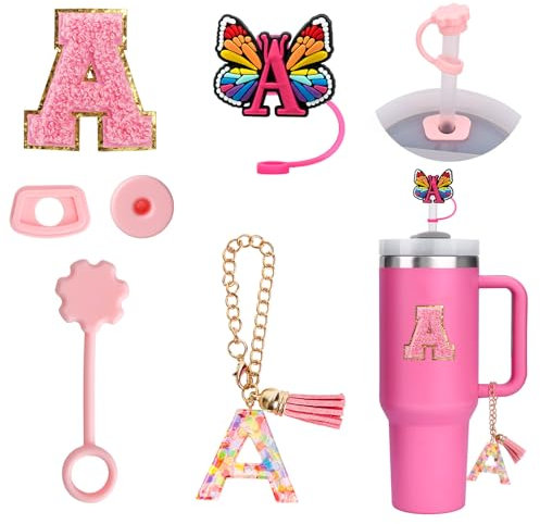 6PCS Personalisierte Stanley Cup Zubehör, Stanley Stroh Cover,Tumbler Initialen Dekorationen,Stanley Cup Brief Aufkleber,Brief Charm,strohhalm abdeckung (A)