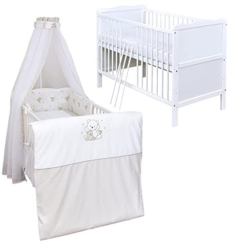 Generisch Baby Delux Babybett Komplett Set Kinderbett 60x120 cm umbaubar zum Juniorbett weiß 10-TLG Max Bettset Matratze Chiffonhimmel (Shiny Teddy)