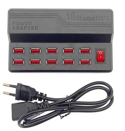 JZK Cargador USB de 5 V 12 A, 10 puertos 60 W, estación de carga multipuerto, varios adaptadores de fuente de alimentación USB, cargador rápido USB
