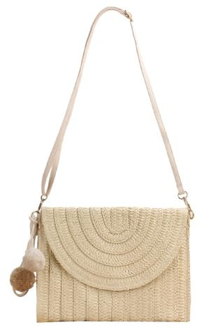 TOFBS Strandtasche Damen Stroh Clutch Handtasche Umschlag Tasche Flache Korbtasche Sommer Gewebte Schultertaschen mit Schultergurte Boho Stil für Strand Urlaub Reisen (Beige)