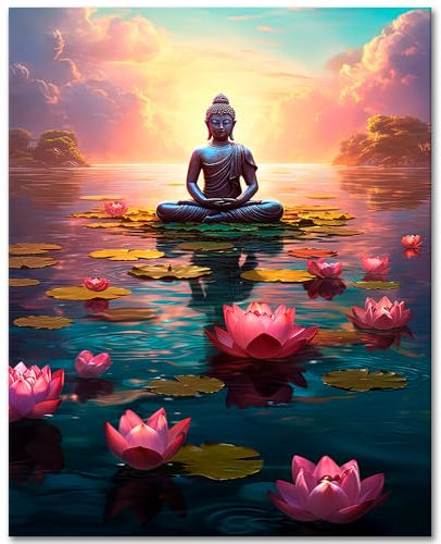 DIY Paint by Numbers for Adults Water Lilies, Buddha Statue Painting by Numbers Kits with 3 Paintbrushes and Acrylic Pigment 16X20 Inch Frameless Canvas Wall Decor Oil Painting for Friends Family