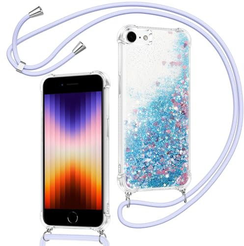 Xiltlly Handykette für iPhone 8/iPhone SE 2020/iPhone 7/SE 2022 Hülle mit Band, Glitzer Flüssig Durchsichtig Silikon Handyhülle mit Kette Kordel zum Umhängen Stoßfest Kratzfest Schutzhülle, Blau
