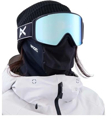 Anon M4S zylindrische Schneebrille + Bonuslinse + MFI®-Gesichtsmaske – niedrige Brückenpassform (schwarz, Gläser: variabel wahrnehmen, blau wahrnehmen, trübes Rosa)