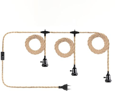 WUYOR Vintage Corde de Chanvre Câble 4.5m avec interrupteur Tête suspendue Câble de lumière Corde E27 Prise Textile Cordon Décor pour Chambre Salon Cuisine