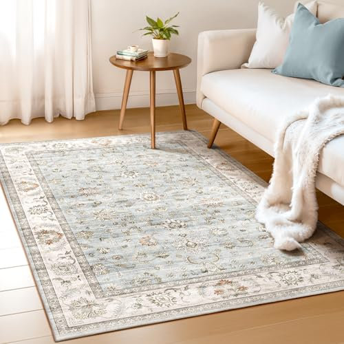 WITSHOCK Teppich Wohnzimmer 90x160 cm: Waschbarer Boho, rutschfest, Kurzflor, Vintage Schlafzimmer, Teppich Küche Flur Esszimmer für Kinder & Haustiere Geeignet-Hellblau