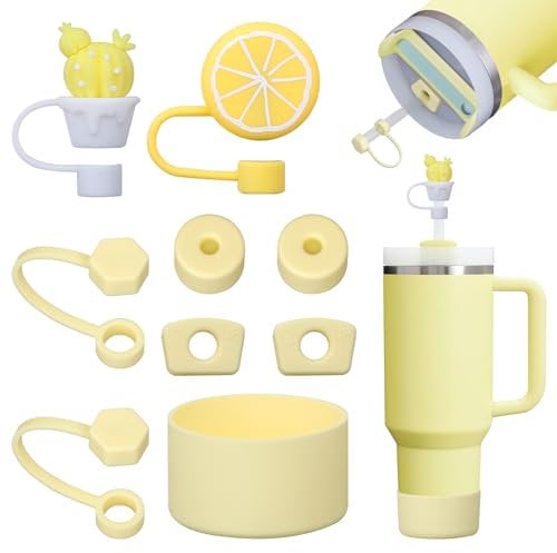 FOSFUKEER Stanley Cup Lot de 6 bouchons en silicone anti-fuite, 2 couvercles en paille, 1 coque en silicone pour gobelets Stanley de 1,2 l et 850 ml, tasses non incluses (Pomelo)