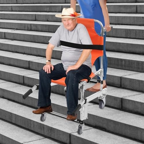 Apriltop Faltbarer Notfall Treppenstuhl, Treppensteig Rollstuhl, Maximale Belastung 160Kg, 2* Entriegelbare Räder + 2* Abschließbare Räder, Orange