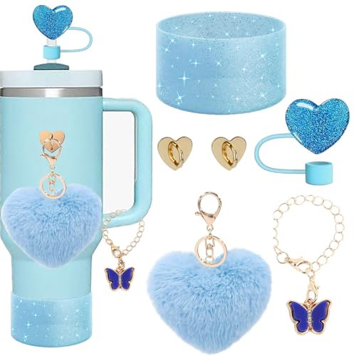 SDIDVIEXPERT Stanley Cup Accessories Set 6PCS Stanley Cup Decor Includes Silicone Boot Straw Cover caps Heart Butterfly Charm Keychain for Stanley Cup for Stanley Cup 30/40oz Tumbler(Blue)