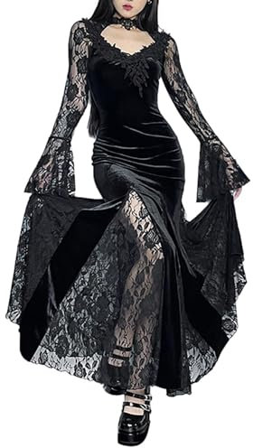 DINGJIUYAN Women Gothic Velvet Maxi Dress Vintage Long Sleeve Flare Sleeve Velour Lace Long Dresses Halloween Costumes Black