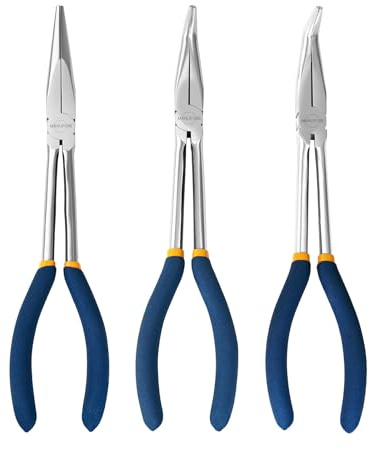 MANUFORE 11 in Long Reach Needle Nose Pliers 3-Piece Set - Straight, 45° Bent, and 90° Bent Heads - Household Tool Kit for Electrical, Repair, DIY