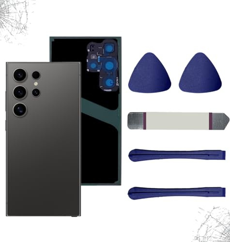 Peixiong Samsung Galaxy S24 Ultra Telefon Fall Tür hinten Glas Ersatz mit Kamera Glaslinse und vorinstallierte Riemen + Tool Montage-Kit (schwarz)
