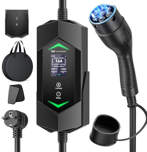 EVJUICION Chargeur Voiture Electrique 3,68kW [6/8/10/13/16A], 6M Cable Recharge Voiture Electrique Type 2 avec Support Mural et Grand écran LED, 0-12H Charge Temporisée, EV Chargeur Type 2 avec Sac