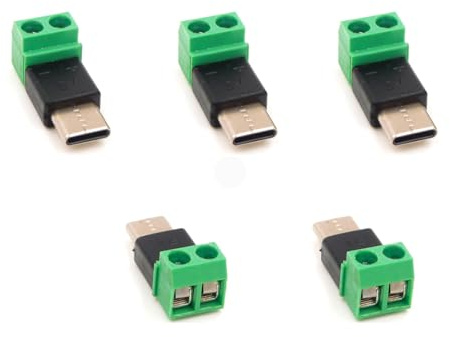 Harrisen USB C 2Pin Lötfreier Adapter, 5PCS | 5V USB Typ C Stecker zu 2 Pin Schraubenklemme, Terminal Block Aufladung Anschluss, Für mobile Geräte und kleine Geräte