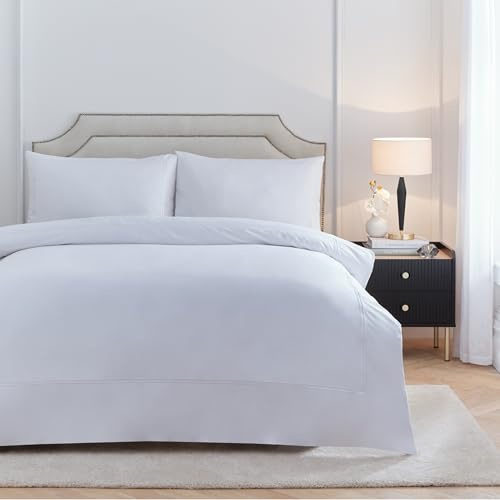 Paoletti Elara Duvet Cover Set – Luxury 200 Thread Count Cotton Embroidered Border Bedding Set (White - Super King)