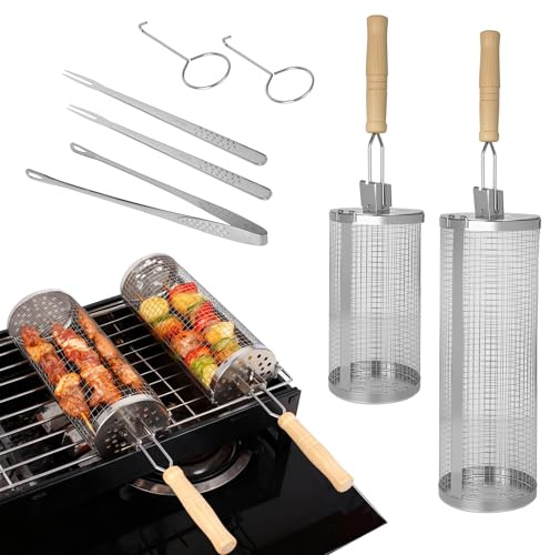 7-teiliges Grillkorb Set aus 304 Edelstahl mit abnehmbarem Holzgriff | Mit 2 Grillkörben, Zange, 2 Haken und 2 Gabeln, 360° drehbar, stapelbar und spülmaschinenfest für Gemüse und Fleisch
