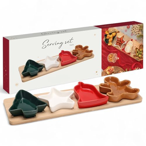 MIJOMA Servierset Weihnachten 5-teilig – Porzellanschalen in Baum-, Stern-, Glocken- & Lebkuchenform auf Holztablett – Buntes Snack- & Dipset für festliche Anlässe