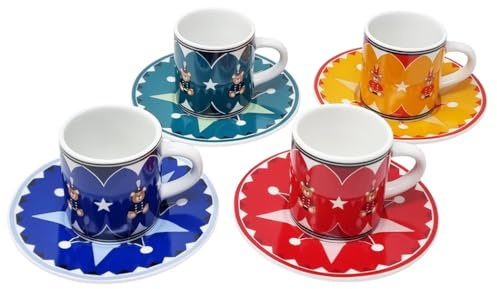 Bialetti Set 4 Tazzine Bicchierini da Caffè e Piattini Abbinati Colorate Design con Orsetti Joyful Memories in Ceramica 70ml Lavabili
