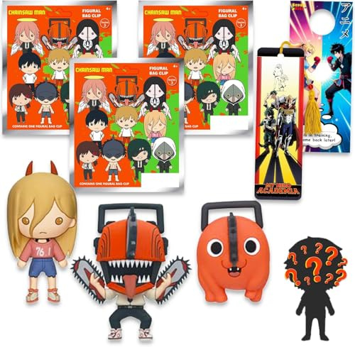 Monogram Chainsaw Man Series 3 Blind Bags Party Favors Pack - Bundle with 3 Keychain Figures, Bookmark, More | Chainsaw Man Bag Clips Set for Kids, Boys, Girls