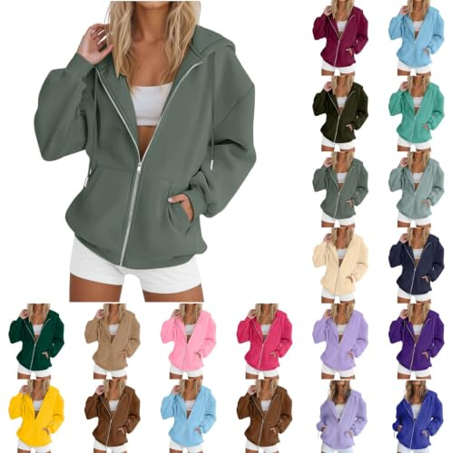 Sweat À Capuche pour Femme - Sweat Zippé Femme - Manches Longues - Oversize - avec Capuche - Fermeture Éclair - en Coton - Veste De Sport - Couleur Unie - Automne Hiver