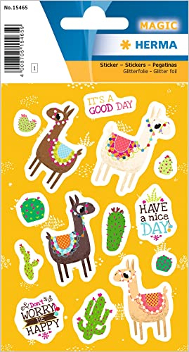 HERMA 15465 Glitterfolie Sticker für Kinder, Das Lama (12 Aufkleber, Folie, glitzernd) selbstklebend, permanent haftende Motiv Etiketten für Mädchen und Jungen, bunt