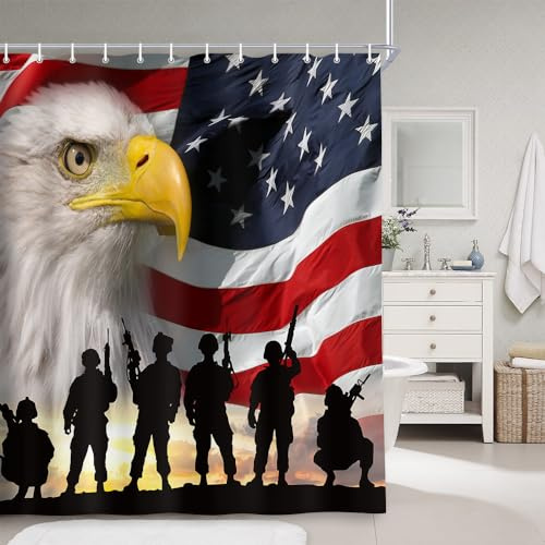 NYMB Duschvorhänge mit USA-Flagge, amerikanische Militärsoldaten mit Adler-Kunstdruck, Stoff, wasserdicht, Unabhängigkeitstag, Duschvorhang, Badezimmerzubehör-Sets, Haken enthalten