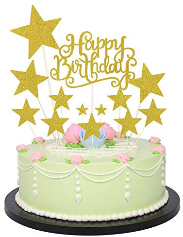 Allazone Decoraciones para Tarta, 1 Pz Oro Happy Birthday y 12 Pz Doradas Estrellas, Happy Birthday Topper Decoración para Cumpleaños Baby Shower Fiesta Temática