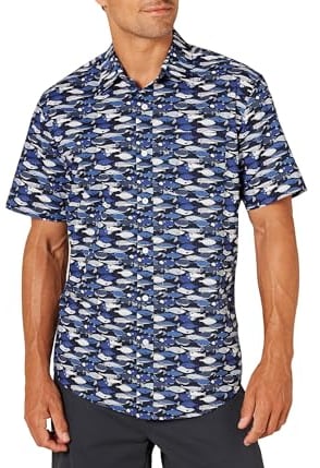 Amazon Essentials Men's Regular-Fit Short-Sleeve Print Shirt, Blue Fish, XXL