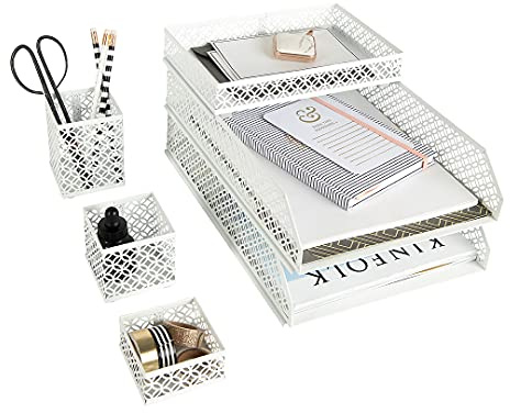 Blu Monaco Weißes Schreibtisch-Organizer-Set für Frauen - 6-teiliges ineinandergreifendes Bürobedarfsset, Stiftbecher, 3 Zubehörablagen und 2 Briefablagen, weißer Papierablagehalter
