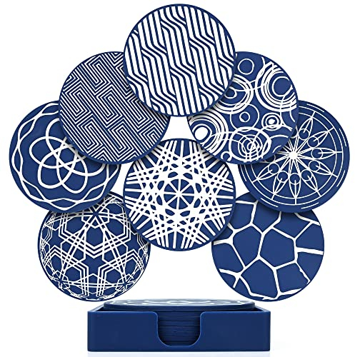 Lot de 8 dessous de verre ronds bleus en caoutchouc de silicone avec boîte de rangement carrée antidérapante, dessous de verre décoratifs pour maison, bar, bière, verre à vin – 9.8 cm