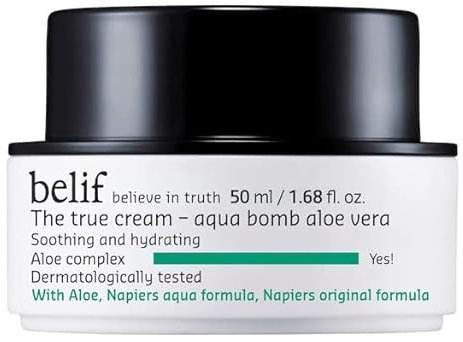 Belif True Cream Aqua Bomb Aloe Vera 50ml, Leichte Beruhigende Gesichtscreme, Aloe Vera Panthenol Alchemilla, Angereicherte Feuchtigkeitscreme, Empfindliche Haut, Vegan Feuchtigkeitscreme, Tagescreme