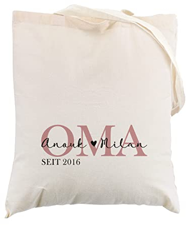 Herz & Heim® Stoff-Beutel personalisiert/Baumwolltasche/lange Henkel/Geschenk-Idee für Mama Naturweiß, Oma-Schriftzug