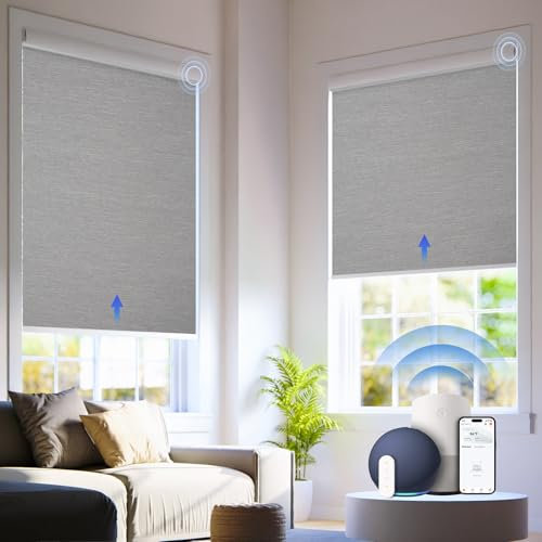 Motorized Roller Shades Upgraded Smart Blinds with Intergrated Valance Automatic Shades for Windows Electric Window Blinds Compatible with Alexa & Google Home（Grasscloth, Gray, 29 w x 72 h）