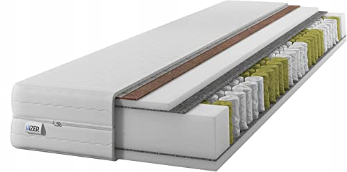 IZER Matratze GoldPLUS 140x200 cm mit KOKOS-Material | 2 in 1 (H3 und H4) | 7 Zonen | Taschenfederkern | Versteppter Bezug | Federkernmatratze