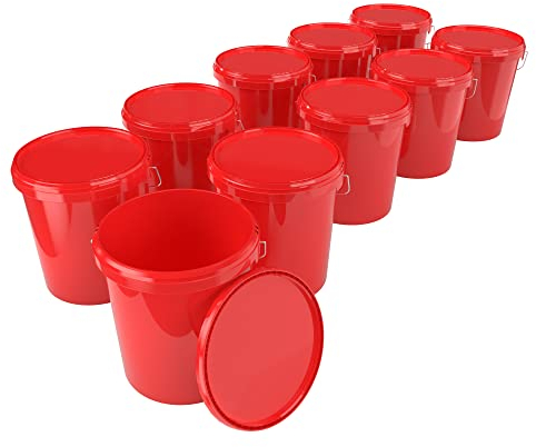 10x Eimer mit Deckel 16 Liter Rot - lebensmittelecht luftdicht und stabil, Leer Eimer mit Griff und Verschluss Deckel für Lebensmittel Chemie Wand Farbe Waschpulver Klebstoffe geeignet