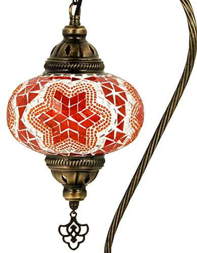 MOSLAND HOME 5 Variation Turkish Lamp Mosaic Table Lamps | Turkish Moroccan Lamp with Bronze Base | Handmade Swan Neck Tiffany Night Lamp | Mosaic Glass Bedside Night Lamp with Led Bulb (Orange)