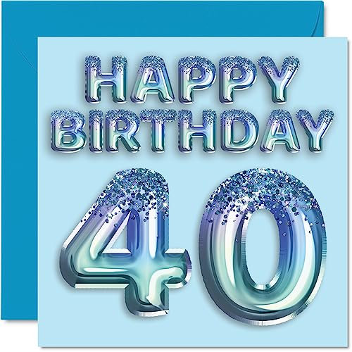 Tarjeta de cumpleaños número 40 para hombres, globo de fiesta con purpurina azul, tarjetas de feliz cumpleaños para hombre de 40 años, amigo, papá, hermano, tío, primo, 145 mm x 145 mm, tarjetas de