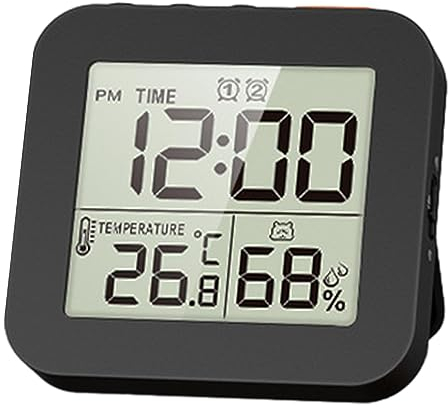 perfk Reloj de baño Digital Temporizador de Ducha con Alarma, Relojes Impermeables para baño, Relojes de Cocina, Higrómetro Reloj de Pared, Negro