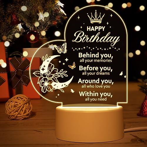 Vetbuosa Birthday Gifts for Women Men - Heart Shape Acrylic Night Light - 18th 21st 30th 40th 50th 60th 70th 80th Birthday - USB Charging