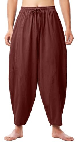 BPURB Herren Mittelalterliche Hose Weit Hermann Wikingerhose Piratenhose Baumwolle Leinen Baggy Lockere Haremshose mit Tasche