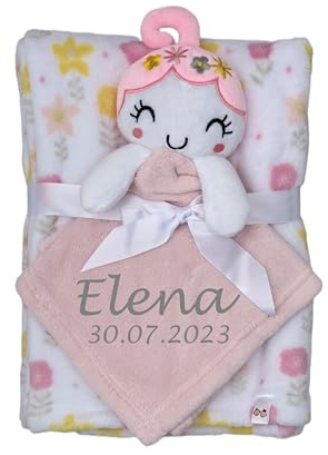 KIDDI-MEDIA Babydecke inklusive Trösterchen mit Name und Geburtsdatum Bestickt/kuschelig weich / 1A Qualität (Blumenmädchen 1)