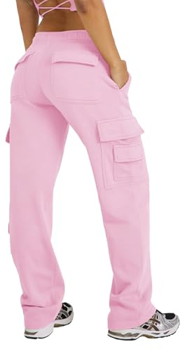 Waitfairy Jogginghose mit weitem Bein, Cargohose für Damen, Fleeece, hohe Taille, Baggy-Jogginghose für Damen, Freizeithose mit 8 Taschen