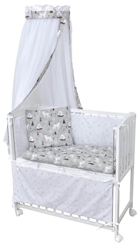 Baby Delux Beistellbett Babybett Stubenwagen weiß 90x40 mobil mit Rädern inkl. Matratze und Bettwäsche Set mehrteilig (Forest)