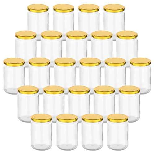 Gouveo Lot de 24 Bocaux de Conservation Ronds 350 ml Avec Couvercle à Visser Doré - Pour Stockage