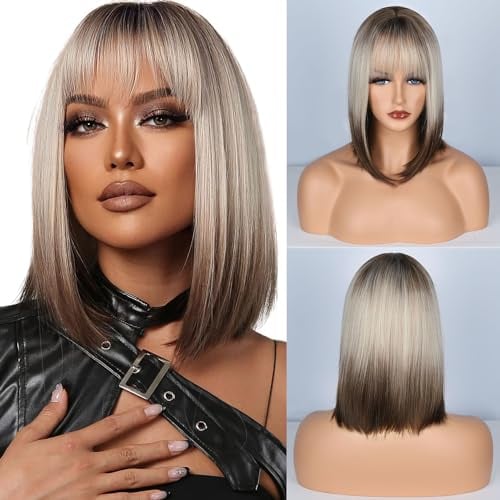 Fulang Hair Ombre Blonde Braune Perücke Blond Kurz, Schulter Lange Bob Perücken Mit Pony, Natürliche Haare Synthetische Perücke Für Den Täglichen Gebrauch (Platinblond)