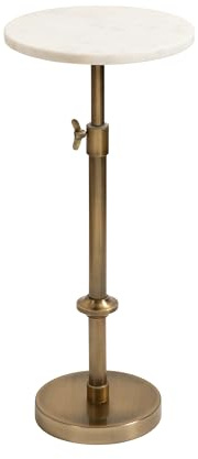 Kate and Laurel Engles Traditional Adjustable-Height Pedestal Drink Table, 10 x 10 x 30, White Marble and Antique Brass, Vintage Round Indoor Metal Plant Stand with Authentic Marble Tabletop