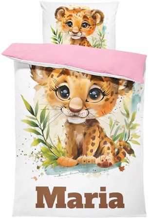 Pictogogo Süßes Tiger-Design Kleinkindbettwäsche für Mädchen und Jungen mit Namen, Personalisiert, Wählbare Baumwollunterfarbe (Weiß, Rosa, Blau, Grau), Oeko-TEX, 100 x 135 cm