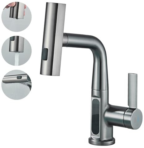 JUNSHENG Miscelatore da Cucina, Miscelatore per Lavabo con 3 Modalità di Erogazione Girevole, Miscelatore Monocomando da Cucina per Lavabo con Doccetta Estraibile (Grigio Canna di Fucile)
